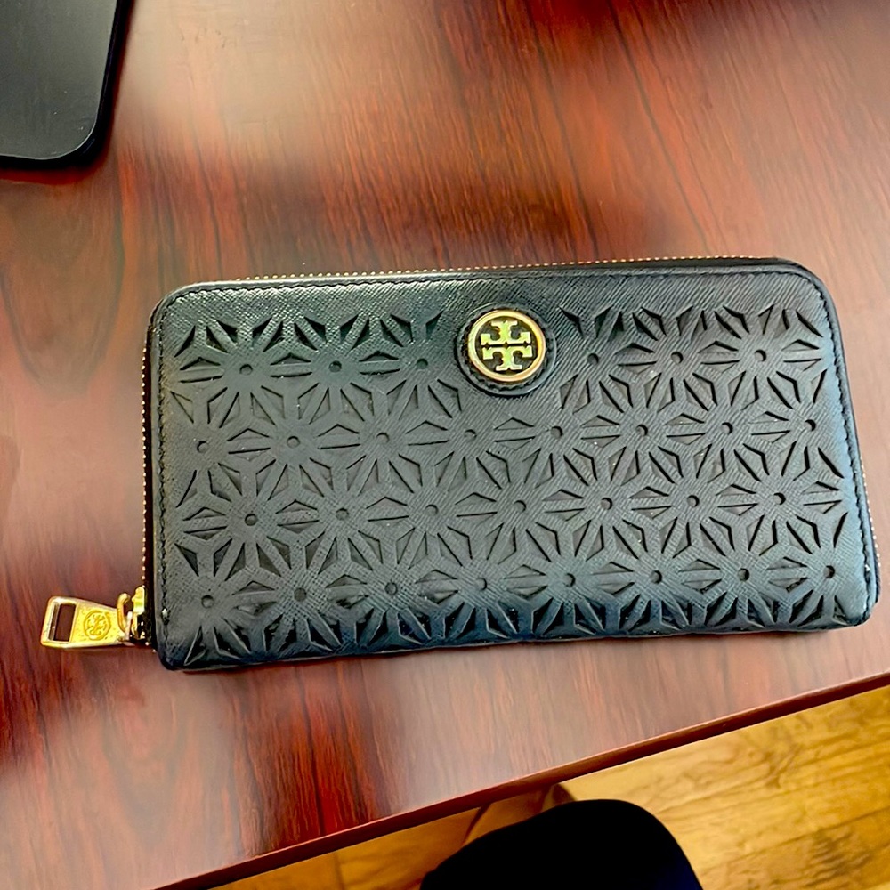 Tory Burch Black Floral Perforated Wallet